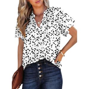 imageSHEWIN Womens Casual V Neck Floral Print Smocked Short Sleeve Chiffon Blouses Bohemian Top ShirtsWhite