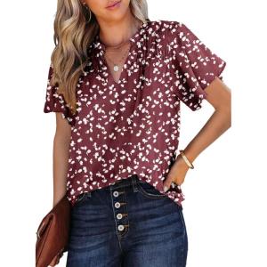 imageSHEWIN Womens Casual V Neck Floral Print Smocked Short Sleeve Chiffon Blouses Bohemian Top ShirtsWine Red