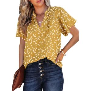 imageSHEWIN Womens Casual V Neck Floral Print Smocked Short Sleeve Chiffon Blouses Bohemian Top ShirtsYellow