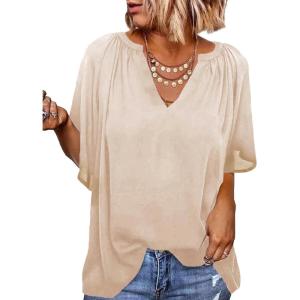 imageSHEWIN Womens Casual V Neck Loose 34 Bell Sleeve Chiffon Blouse Shirt Pleated Flowy Tunic TopsA Beige