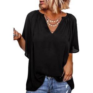 imageSHEWIN Womens Casual V Neck Loose 34 Bell Sleeve Chiffon Blouse Shirt Pleated Flowy Tunic TopsA Black