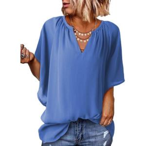 imageSHEWIN Womens Casual V Neck Loose 34 Bell Sleeve Chiffon Blouse Shirt Pleated Flowy Tunic TopsA Blue