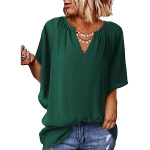 imageSHEWIN Womens Casual V Neck Loose 34 Bell Sleeve Chiffon Blouse Shirt Pleated Flowy Tunic TopsA Green