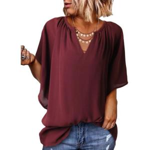 imageSHEWIN Womens Casual V Neck Loose 34 Bell Sleeve Chiffon Blouse Shirt Pleated Flowy Tunic TopsA Red