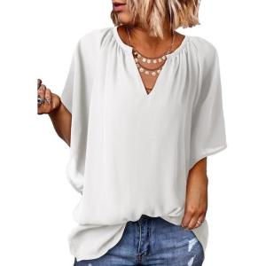 imageSHEWIN Womens Casual V Neck Loose 34 Bell Sleeve Chiffon Blouse Shirt Pleated Flowy Tunic TopsA White