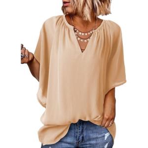 imageSHEWIN Womens Casual V Neck Loose 34 Bell Sleeve Chiffon Blouse Shirt Pleated Flowy Tunic TopsAz Apricot