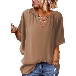 imageSHEWIN Womens Casual V Neck Loose 34 Bell Sleeve Chiffon Blouse Shirt Pleated Flowy Tunic TopsAz Brown