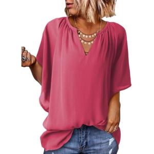 imageSHEWIN Womens Casual V Neck Loose 34 Bell Sleeve Chiffon Blouse Shirt Pleated Flowy Tunic TopsAz Hot Pink