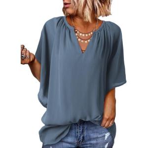 imageSHEWIN Womens Casual V Neck Loose 34 Bell Sleeve Chiffon Blouse Shirt Pleated Flowy Tunic TopsAz Light Blue