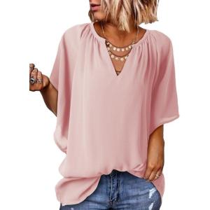 imageSHEWIN Womens Casual V Neck Loose 34 Bell Sleeve Chiffon Blouse Shirt Pleated Flowy Tunic TopsAz Pink
