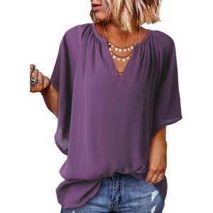 imageSHEWIN Womens Casual V Neck Loose 34 Bell Sleeve Chiffon Blouse Shirt Pleated Flowy Tunic TopsAz Purple