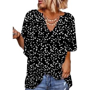 imageSHEWIN Womens Casual V Neck Loose 34 Bell Sleeve Chiffon Blouse Shirt Pleated Flowy Tunic TopsC Floral Black