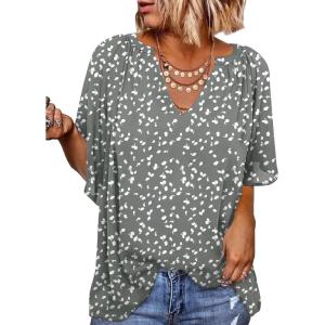 imageSHEWIN Womens Casual V Neck Loose 34 Bell Sleeve Chiffon Blouse Shirt Pleated Flowy Tunic TopsC Floral Grey
