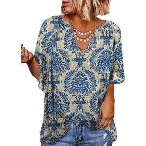 imageSHEWIN Womens Casual V Neck Loose 34 Bell Sleeve Chiffon Blouse Shirt Pleated Flowy Tunic TopsC Floral Khaki