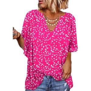 imageSHEWIN Womens Casual V Neck Loose 34 Bell Sleeve Chiffon Blouse Shirt Pleated Flowy Tunic TopsC Floral Pink