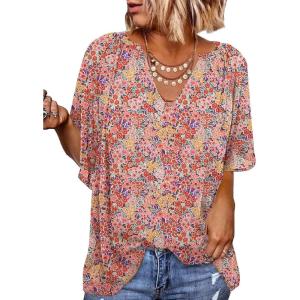 imageSHEWIN Womens Casual V Neck Loose 34 Bell Sleeve Chiffon Blouse Shirt Pleated Flowy Tunic TopsC Floral Red