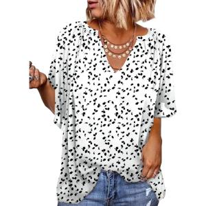 imageSHEWIN Womens Casual V Neck Loose 34 Bell Sleeve Chiffon Blouse Shirt Pleated Flowy Tunic TopsC Floral White