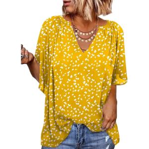 imageSHEWIN Womens Casual V Neck Loose 34 Bell Sleeve Chiffon Blouse Shirt Pleated Flowy Tunic TopsC Floral Yellow