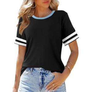 imageSHEWIN Womens Fashion Casual Crewneck Color Block T Shirts Short Sleeve Summer Tops Tees Slim FitBlack