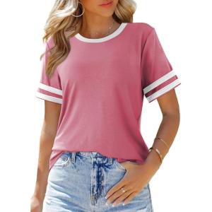 imageSHEWIN Womens Fashion Casual Crewneck Color Block T Shirts Short Sleeve Summer Tops Tees Slim FitDrak Pink