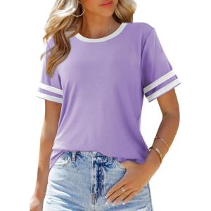 imageSHEWIN Womens Fashion Casual Crewneck Color Block T Shirts Short Sleeve Summer Tops Tees Slim FitPurple