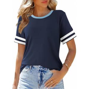 imageSHEWIN Womens Fashion Casual Crewneck Color Block T Shirts Short Sleeve Summer Tops Tees Slim FitSail Blue