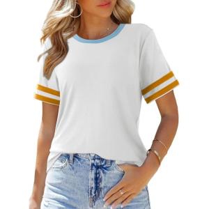 imageSHEWIN Womens Fashion Casual Crewneck Color Block T Shirts Short Sleeve Summer Tops Tees Slim FitWhite