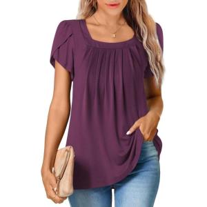 imageSHEWIN Womens Petal Short Sleeve Tunic Tops Pleated Square Neck Blouses Dressy Casual Loose ShirtsB Purple