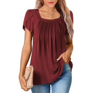 imageSHEWIN Womens Petal Short Sleeve Tunic Tops Pleated Square Neck Blouses Dressy Casual Loose ShirtsC Red