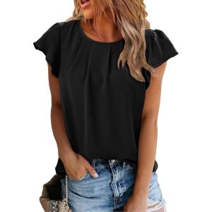 imageSHEWIN Womens Summer Tops Casual Round Neck Pleated Ruffle Short Sleeve Keyhole Back Chiffon Blouses ShirtsB Black