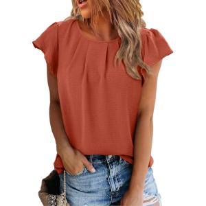 imageSHEWIN Womens Summer Tops Casual Round Neck Pleated Ruffle Short Sleeve Keyhole Back Chiffon Blouses ShirtsB Gold Flame