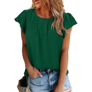 imageSHEWIN Womens Summer Tops Casual Round Neck Pleated Ruffle Short Sleeve Keyhole Back Chiffon Blouses ShirtsB Green