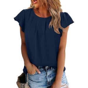 imageSHEWIN Womens Summer Tops Casual Round Neck Pleated Ruffle Short Sleeve Keyhole Back Chiffon Blouses ShirtsB Sail Blue