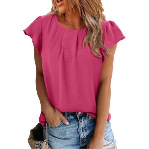 imageSHEWIN Womens Summer Tops Casual Round Neck Pleated Ruffle Short Sleeve Keyhole Back Chiffon Blouses ShirtsB Strawberry Pink