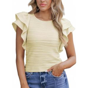 imageSHEWIN Womens Tops Casual Crewneck Ruffle Short Sleeve T Shirts Slim Fit Dressy BlousesB Apricot