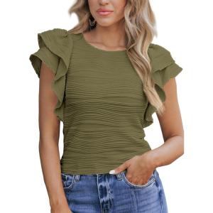 imageSHEWIN Womens Tops Casual Crewneck Ruffle Short Sleeve T Shirts Slim Fit Dressy BlousesB Army Green