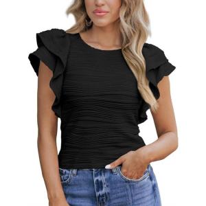 imageSHEWIN Womens Tops Casual Crewneck Ruffle Short Sleeve T Shirts Slim Fit Dressy BlousesB Black