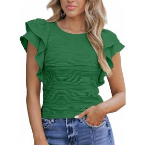 imageSHEWIN Womens Tops Casual Crewneck Ruffle Short Sleeve T Shirts Slim Fit Dressy BlousesB Green