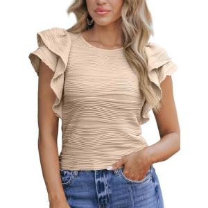 imageSHEWIN Womens Tops Casual Crewneck Ruffle Short Sleeve T Shirts Slim Fit Dressy BlousesB Khaki