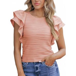 imageSHEWIN Womens Tops Casual Crewneck Ruffle Short Sleeve T Shirts Slim Fit Dressy BlousesB Pink