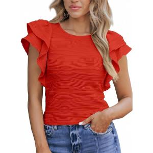 imageSHEWIN Womens Tops Casual Crewneck Ruffle Short Sleeve T Shirts Slim Fit Dressy BlousesB Red