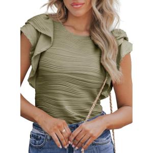 imageSHEWIN Womens Tops Casual Crewneck Ruffle Short Sleeve T Shirts Slim Fit Dressy BlousesD Light Green