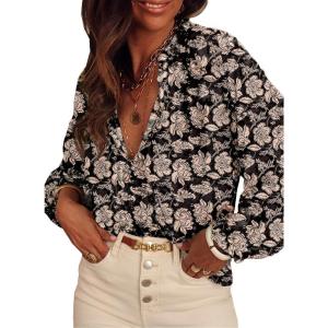imageSHEWIN Womens Tops Casual V Neck Long Sleeve Shirts Floral Boho Blouses TunicsA Black