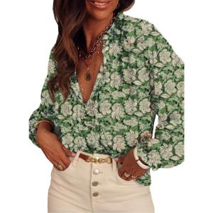 imageSHEWIN Womens Tops Casual V Neck Long Sleeve Shirts Floral Boho Blouses TunicsB Green
