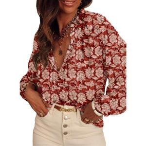 imageSHEWIN Womens Tops Casual V Neck Long Sleeve Shirts Floral Boho Blouses TunicsB Red