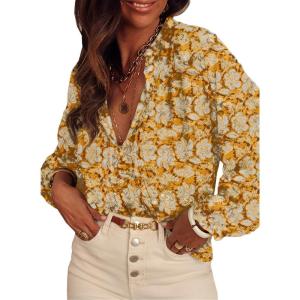 imageSHEWIN Womens Tops Casual V Neck Long Sleeve Shirts Floral Boho Blouses TunicsB Yellow