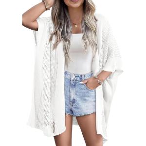 imageSHEWIN Cardigan Sweaters for Women 34 Sleeve Open Front Cover Up Crochet Lightweight Summer Cardigans SweaterB White