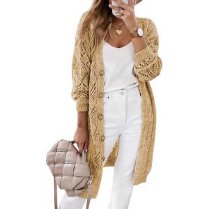 imageSHEWIN Cardigan Sweaters for Women Casual Lightweight Long Sleeve Open Front Crochet Cardigans SweaterB Khaki
