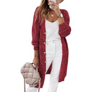 imageSHEWIN Cardigan Sweaters for Women Casual Lightweight Long Sleeve Open Front Crochet Cardigans SweaterB Red