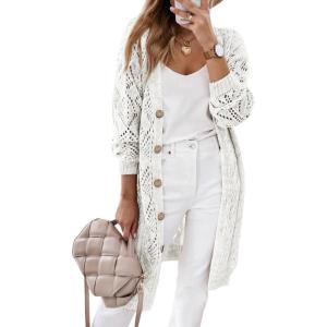 imageSHEWIN Cardigan Sweaters for Women Casual Lightweight Long Sleeve Open Front Crochet Cardigans SweaterB White